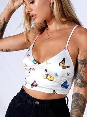 Motel Rocks Veila Crop Top in Cream Butterfly